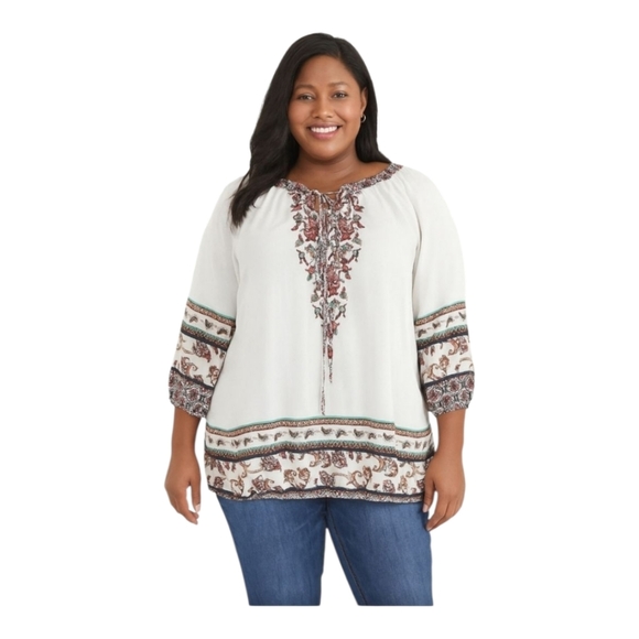 New Directions Women's Plus Tunic Blouse Cream Coral Blue Size 3X - Picture 1 of 6